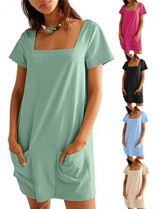 Women's Square Neck Short Sleeve Mini Dress With Pockets Summer Casual Solid Color Polyester Spandex A-Line Short Dress For Daily Vacation