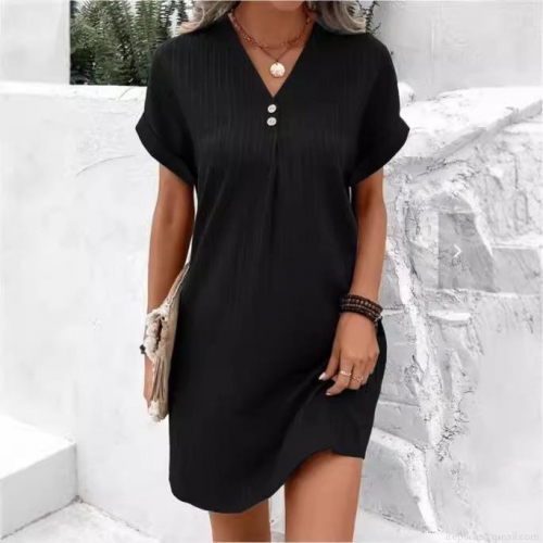 Women's Casual V-Neck Short Sleeve Mini Dress With Decorative Buttons Summer Solid Color Ribbed Knit Loose A-Line Pullover Dress For Women