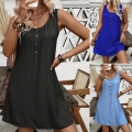Women's Summer Sleeveless Button Up Mini Dress Casual Round Neck A-Line Tank Dress With Cotton Linen Texture Polyester Resort Vacation Sundress