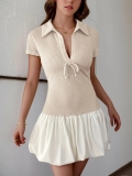 Women Elegant Bow-knot Patchwork Mini Dress Waffle Knit Short Sleeve Polo Collar Top Satin Pleated Skirt Casual Summer Party Slim Fit Sweet Short Dress