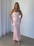 Women's Elegant Strapless Lace Ruffle Maxi Dress Sexy Bodycon Off Shoulder Tiered Gown For Evening Party Wedding Guest Clubwear Ladies