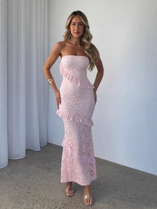 Women's Elegant Strapless Lace Ruffle Maxi Dress Sexy Bodycon Off Shoulder Tiered Gown For Evening Party Wedding Guest Clubwear Ladies