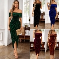 Women's Elegant Velvet Off-the-Shoulder Midi Dress Ruched Slit Bodycon Evening Party Gown Solid Color Lantern Sleeve Cocktail Dress