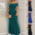 Women Off Shoulder Evening Gown Elegant High Waist Slim Fit Mermaid Maxi Dress For Party Formal Wedding Occasions Polyester Spandex Solid Color Dress