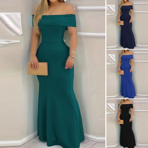 Women Off Shoulder Evening Gown Elegant High Waist Slim Fit Mermaid Maxi Dress For Party Formal Wedding Occasions Polyester Spandex Solid Color Dress