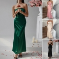 Elegant Strapless Satin Long Dress Sexy Bodycon Pleated Evening Party Gown For Women Wedding Formal Summer Polyester Elastane Maxi Dress