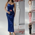 Elegant Satin Cami Dress Cowl Neck High Slit Ruched Bodycon Maxi Evening Gown For Women Banquet Party Wedding Guest Formal Dress
