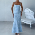 Women Elegant Jacquard Polyester Mermaid Evening Dress Backless Spaghetti Strap Maxi Gown For Party Wedding Banquet Lady Chic Outfit