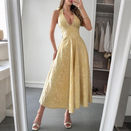 Elegant Halter Neck Backless Maxi Dress For Women 100% Polyester Jacquard Deep V-Neck A-Line Lace-Up Bow Evening Party Wedding Guest Cocktail Summer Vacation Long Dress