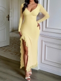 Elegant Women V-Neck Long Sleeve Maxi Dress With Mesh Stitching Side Slit Ruffled Hem Sexy Solid Color Polyester Spandex Gown For Evening Party Wedding Guest