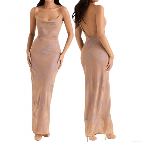 Sexy Cowl Neck Backless Maxi Dress Elegant Floral Jacquard Satin Polyester Sling Mermaid Long Dress For Women Evening Party Wedding