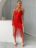 Women's Sexy Red Sequin Fringe Dress Backless High Slit Spaghetti Strap Bodycon Dress For Party Evening Clubwear Summer Sparkling Tassel Midi Dress