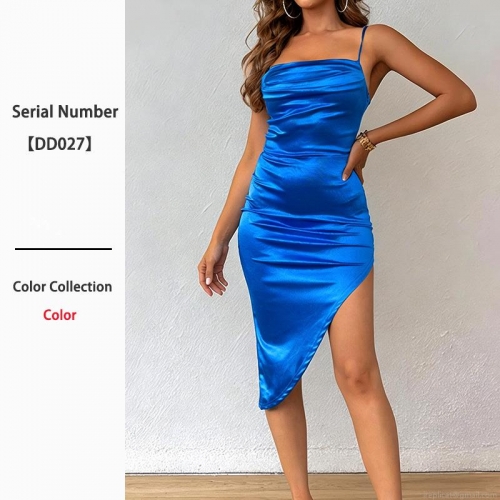 Women's Satin Polyester Cami Dress Sexy Cowl Neck High Slit Asymmetrical Midi Dress Royal Blue Backless Ruching Evening Party Gown Slim Fit Elegant Clubwear