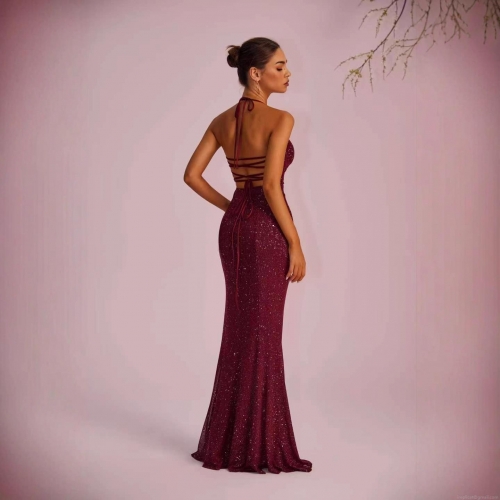 Elegant Sequined Evening Dress For Women Sexy Halter Backless High Slit Long Maxi Dress Bodycon Party Prom Sequins Gown