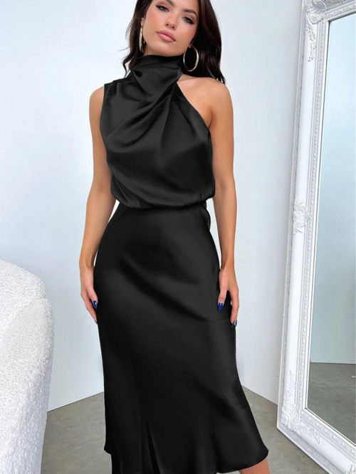 French Elegant Halter Neck Satin Midi Dress For Women Draped Cowl Neck Sleeveless Slim Fit Polyester Evening Party Cocktail Wedding Guest Long Dress