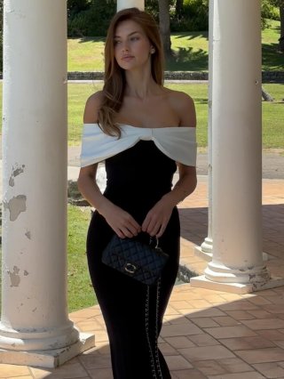 Women's Elegant Off-The-Shoulder Maxi Dress Color Block Contrast Bow Knot Slim Fit Split Bodycon Evening Party Gown 95% Polyester 5% Spandex