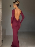 Women Sexy Backless Bodycon Maxi Dress Elegant Long Sleeve Ruched Solid Color Slim Fit Evening Party Club Gown