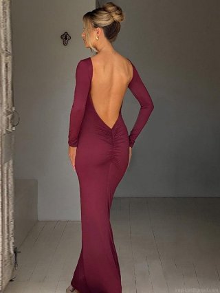 Women Sexy Backless Bodycon Maxi Dress Elegant Long Sleeve Ruched Solid Color Slim Fit Evening Party Club Gown