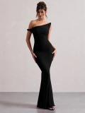 Women Sexy One Shoulder Maxi Dress Polyester Elastane Backless Slim Fit Ruched Bodycon Evening Party Wedding Gala Night Out Solid Color Elegant Gown