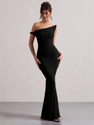 Women Sexy One Shoulder Maxi Dress Polyester Elastane Backless Slim Fit Ruched Bodycon Evening Party Wedding Gala Night Out Solid Color Elegant Gown