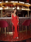Women's Sexy V-Neck Backless Evening Dress Spaghetti Strap Fishtail Maxi Party Gown With 3D Rose And Long Streamers Elegant Slim Fit Sleeveless Formal Dress For Wedding Banquet Women Clubwear