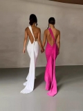 Sexy One Shoulder Ruched Backless Maxi Dress For Women Elegant Polyester Elastane Evening Party Floor Length Bodycon Formal Dress