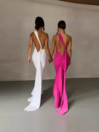 Sexy One Shoulder Ruched Backless Maxi Dress For Women Elegant Polyester Elastane Evening Party Floor Length Bodycon Formal Dress