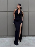 Women's Sexy Halter Backless Maxi Dress Deep V Neck High Slit Slim Fit Polyester Spandex Milk Silk Long Dress for Evening Party Nightclub Clubwear