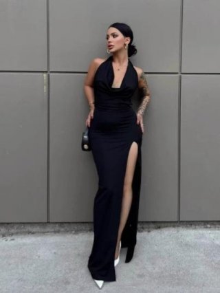 Women's Sexy Halter Backless Maxi Dress Deep V Neck High Slit Slim Fit Polyester Spandex Milk Silk Long Dress for Evening Party Nightclub Clubwear