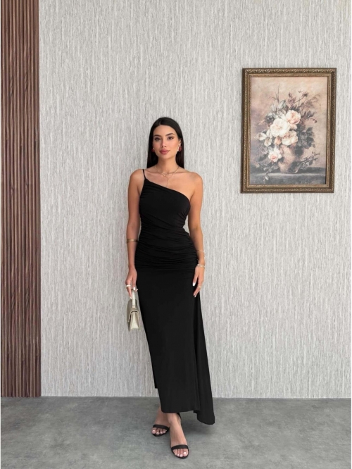 Sexy One Shoulder Ruched Maxi Dress Women Asymmetrical Irregular Hem Slim Fit Evening Party Gown Milk Silk Bodycon Dress