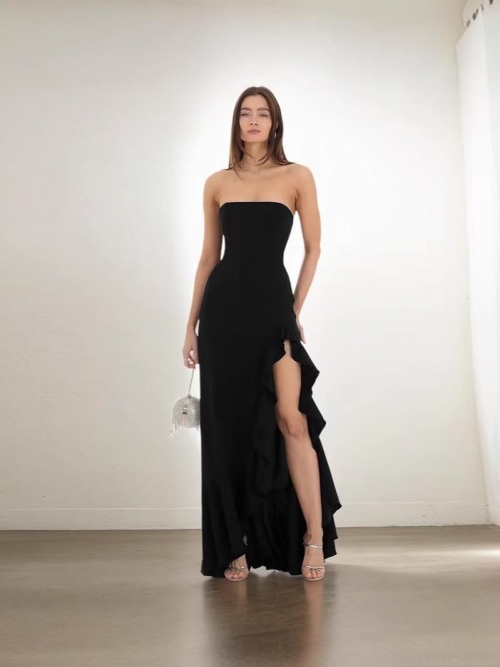 Women Sexy Bandeau Side Slit Ruffle Evening Maxi Dress Elegant Polyester Elastane Blend Milk Silk Party Gown For Wedding Dinner Banquet