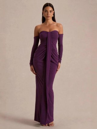 Sexy Purple Ruched Bodycon Evening Dress With Separate Long Sleeve Covers High Elastic Milk Silk Strapless Maxi Dress For Banquet Party Clubwear