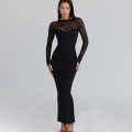 Sexy Lace Stitching Bodycon Dress For Women Mesh Perspective Long Sleeve High Waist Split Evening Gown Elegant Party Nightclub Slim Fit Maxi Dress