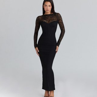 Sexy Lace Stitching Bodycon Dress For Women Mesh Perspective Long Sleeve High Waist Split Evening Gown Elegant Party Nightclub Slim Fit Maxi Dress