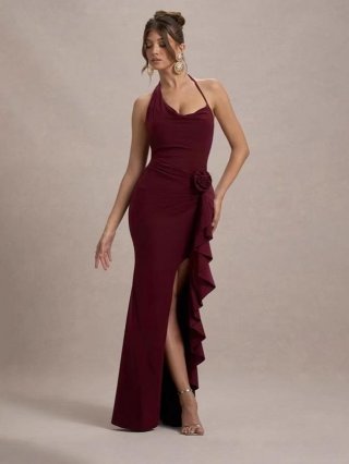 Women Sexy Halter V Neck Evening Dress With 3D Rose Flower Slim Fit High Split Ruffle Gown Bodycon Backless Long Dress For Party Wedding Banquet Lady Elegant Formal Prom Maxi Dress