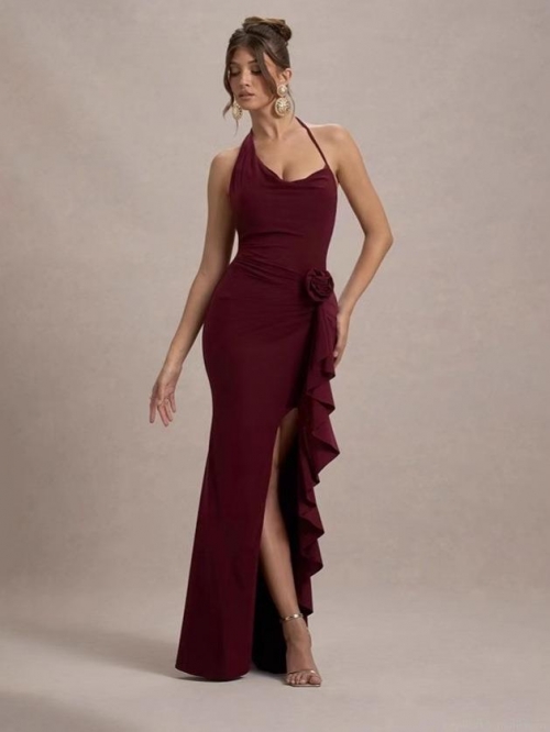 Women Sexy Halter V Neck Evening Dress With 3D Rose Flower Slim Fit High Split Ruffle Gown Bodycon Backless Long Dress For Party Wedding Banquet Lady Elegant Formal Prom Maxi Dress