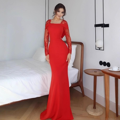 Women's Elegant Red Lace Patchwork Evening Dress Sexy Backless Bowknot Mermaid Long Gown For Wedding Party Formal Event Banquet Prom