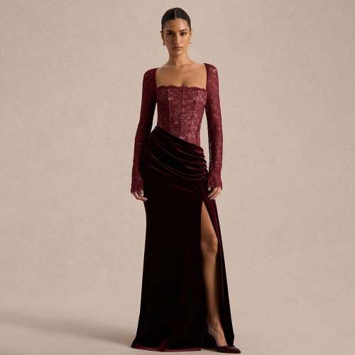 Sexy Elegant Lace Patchwork Korean Velvet Maxi Dress for Women Long Sleeve Square Neck Backless High Slit Bodycon Evening Party Gown