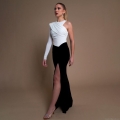 Sexy One Shoulder Maxi Dress Black White Color Block High Slit Bodycon Pleated Long Sleeve Evening Party Gown For Women Banquet Cocktail Occasion