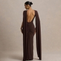 Elegant Women's Sexy Backless Evening Dress Ruched Bodycon Maxi Gown With Long Cape Shawl Sleeves Solid Color High Waist Party Club Long Dress
