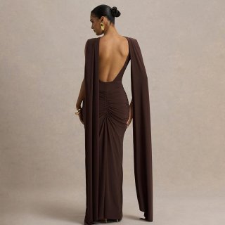 Elegant Women's Sexy Backless Evening Dress Ruched Bodycon Maxi Gown With Long Cape Shawl Sleeves Solid Color High Waist Party Club Long Dress
