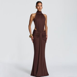 Women's Halter Backless Mermaid Evening Gown Elegant Ruched Waist Cutout Maxi Dress For Party Banquet Wedding Long Formal Dress