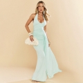 Elegant Halter Deep V-Neck Ruched Maxi Dress Sexy Backless Fishtail Evening Gown For Women Party Wedding Guest Prom Dress High Stretch Milk Silk Polyester Blend Long Dress