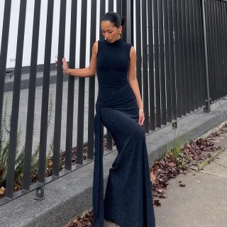 Sexy Sleeveless Round Neck Glitter Silk Fishtail Maxi Dress Ruched Slim Fit Evening Party Long Dress For Women Polyester Glitter Fabric Occasion Dress