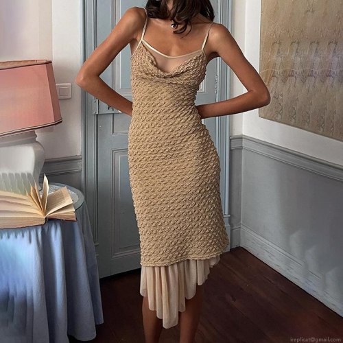 Women Sexy Cowl Neck Mesh Patchwork Slip Dress Backless Bubble Texture Bodycon Midi Dress For Evening Party Club Nightwear Khaki