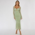 Sexy Square Neck Long Sleeve Mesh Patchwork Ruched Fishtail Maxi Dress for Women Cut Out Bodycon Evening Party Cocktail Long Dress