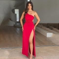 Women's Sexy One Shoulder Backless High Slit Maxi Dress Elegant Milk Silk Cut Out Evening Party Long Dress Slim Fit Formal Gown For Club Wedding Guest