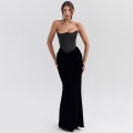 Women Sexy Off-Shoulder Corset Maxi Dress Velvet Satin Splicing With Bone Support Bodycon Fish Tail Evening Gown For Party Night Club Luxury Black Prom Dress