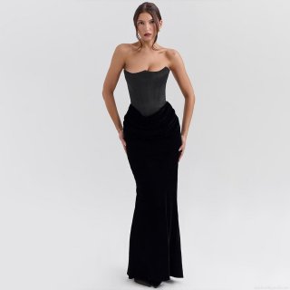 Women Sexy Off-Shoulder Corset Maxi Dress Velvet Satin Splicing With Bone Support Bodycon Fish Tail Evening Gown For Party Night Club Luxury Black Prom Dress