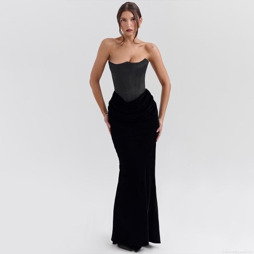 Women Sexy Off-Shoulder Corset Maxi Dress Velvet Satin Splicing With Bone Support Bodycon Fish Tail Evening Gown For Party Night Club Luxury Black Prom Dress